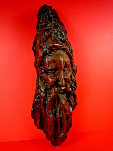 Unique Vintage Hand Carved Wooden Sculpture Face Old Breaded Man Wizard