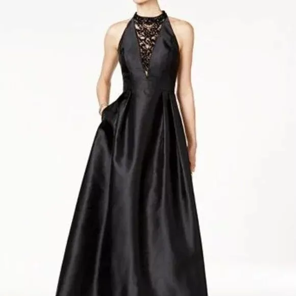 ADRIANNA PAPELL Embellished Mikado Satin Formal Halter Gown Size 2