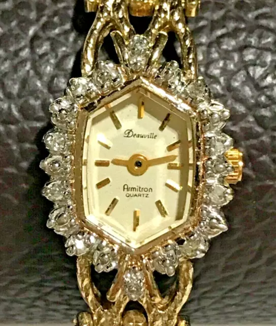 Vintage Deauville Quartz Genuine Diamonds Gold Plated Ladies Dainty Dress Watch
