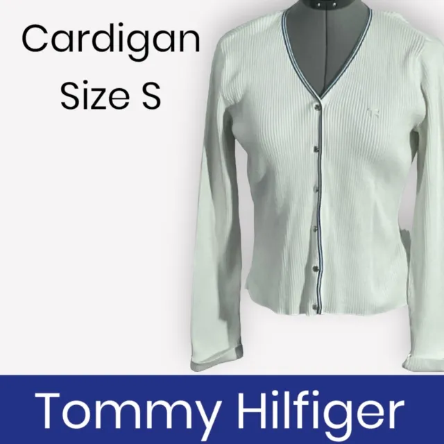 Womens Tommy Hilfiger Cardigan White Ribbed knit Long Sleeve Logo Size S