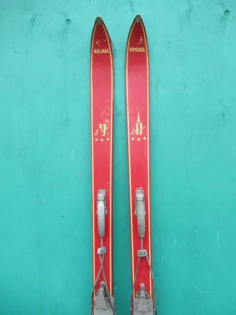 BEAUTIFUL Vintage Wooden 72" Long Snow Skis Old RED Finish Cable Bindings 2
