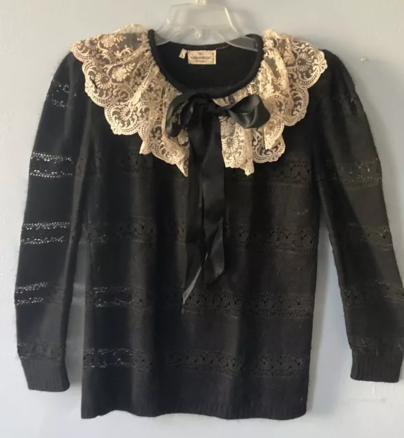 VALENTINO Open Knit Sweater Black Wool w/ Darling Lace Collar & Satin Bow ~ Sz L