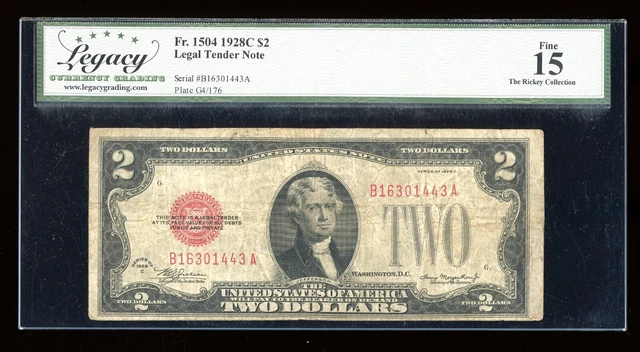 DBR 1928-C $2 Legal Fr. 1504 BA Block Legacy 15 Serial B16301443A