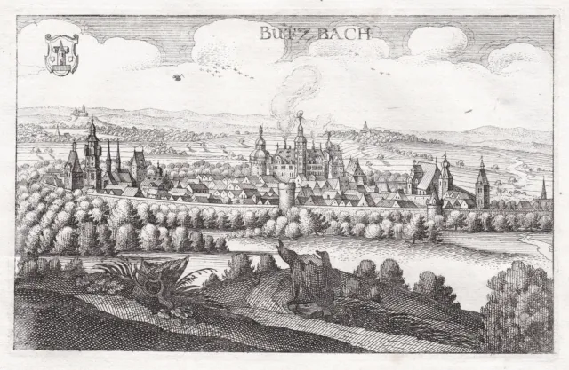 Butzbach, Brown Hesse Merian Gravure sur Cuivre Vue Engraving