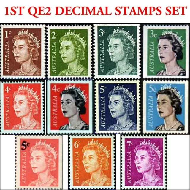 1966 Australian MNH Full Set of 11x First Queen Elizabeth - Decimal Stamp issues