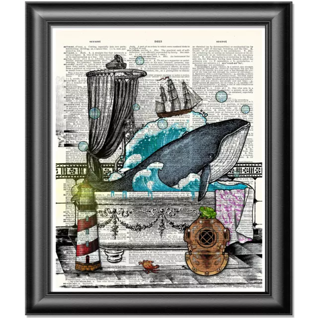Blue Whale Art Print on Dictionary Book Page Wall Art Bathroom Decor Picture