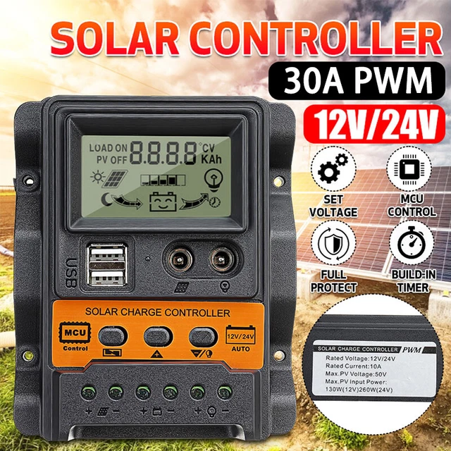 12/24V 30A PWM Solar Charge LCD Controller Panel Battery Regulator Dual ...