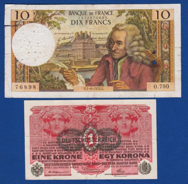 France banknote, 10 Francs 1972 + Austria banknote 1 Krone 1916.