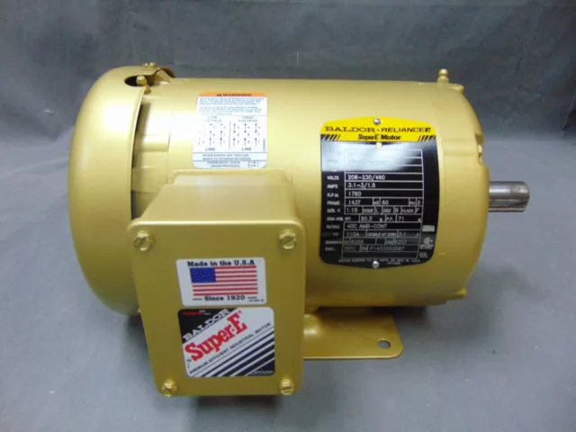 Baldor Reliance SuperE Motor EM3456T 1 HP 208-230/460 Volts 3.1-3/1.5 AMPS...