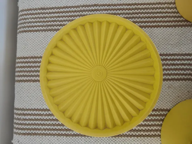 3 X Vintage Yellow Tupperware Round Servalier Containers With Press Seal Lids