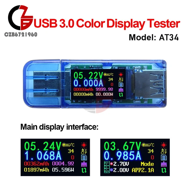 Tester USB AT34 Misuratore Di Tensione E Corrente, Voltmetro Amperometro Con Display Digitale, Per Batterie E Caricabatterie