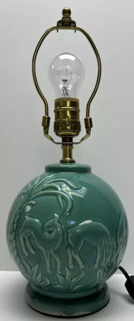 MCM Art Pottery Lamp Green Turquoise Antelope Deer Stag McCoy?  Shawnee?
