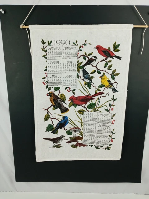 1990 Cloth Linen Tea Towel Calendar Signed Beautiful Birds Mushroom Vintage