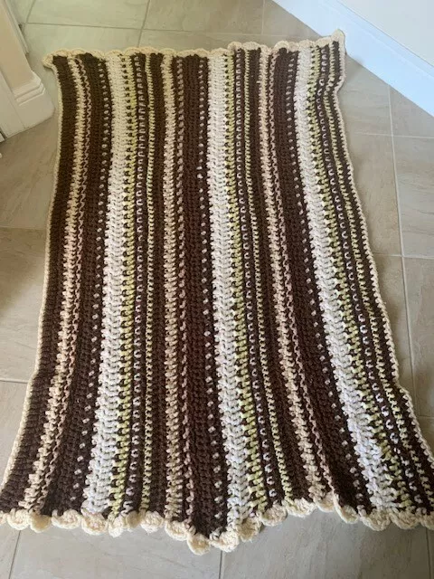  Afghan Knitted Brown yellow white Stripped Throw Blanket 40w x 57L scallop edge