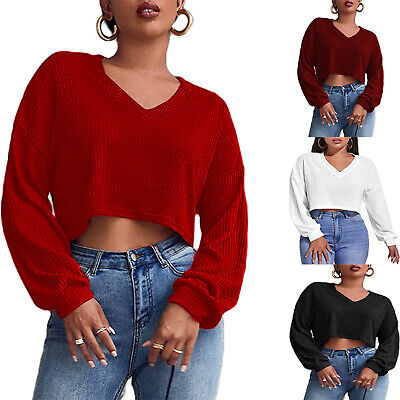 Ladies Loose Long Sleeve Crop Top Ribbed Blouse Casual V-neck Pullover Shirt Top