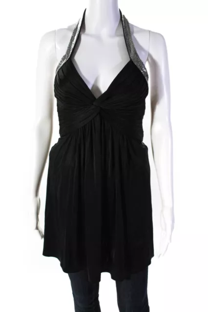 BCBG Max Azria Womens V Neck Beaded Neck Tie Ruched Blouse Top Black Size XS