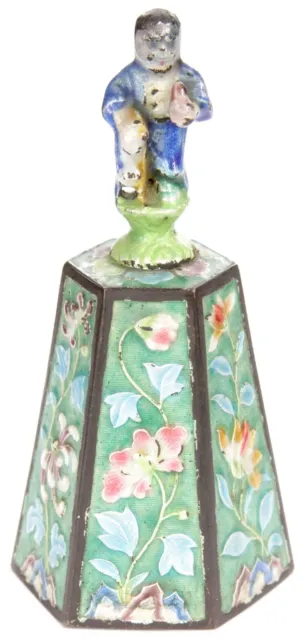 Antique Chinese Export Enameled Bell Taoist Immortal Figure w/ Flowers China