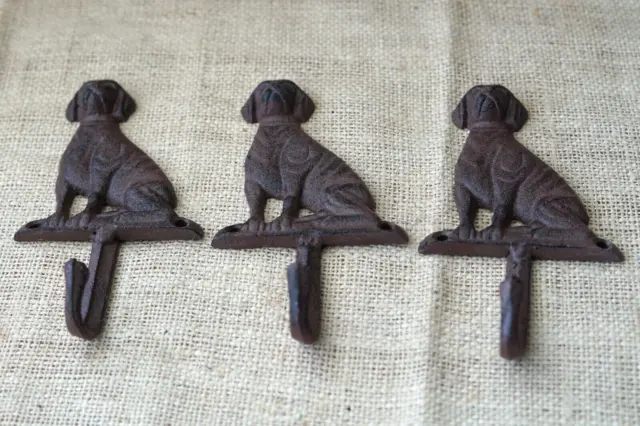 3 Cast Iron Antique Style DOG Coat Hooks Hat Hook Rack Towel LAB Retriever Puppy