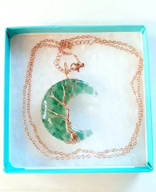 Green Aventurine Tree of Life Wire Wrapped Crescent Moon Pendant Necklace Rose