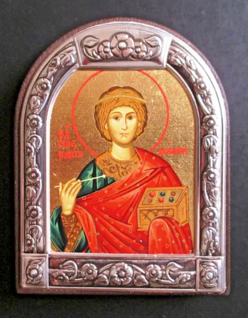 Icona Ortodossa In Legno Firmata St. Guaritore Pantaleone", Cornice In...