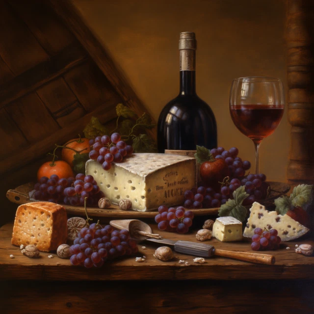 Tavola formaggio vino uva pittura ad olio classica arte tela stampa da parete colorata