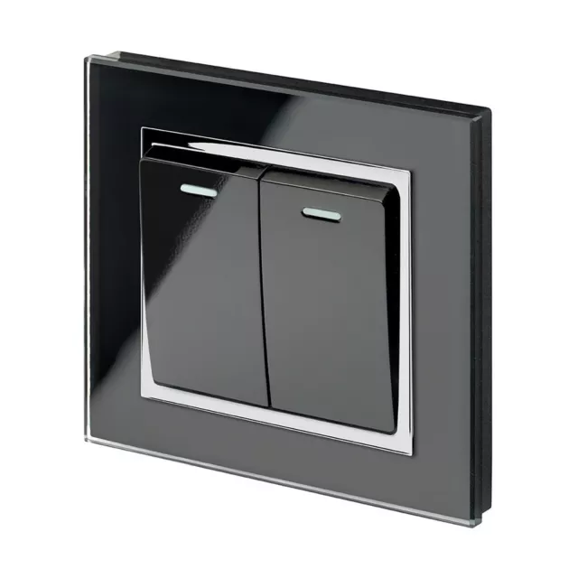 RetroTouch Crystal Glass 2 Gang 1 or 2 Way On/Off Light Switch Black CT 00221