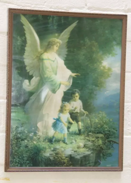 Vintage Guardian Angel  w Children Artwork  Print In Gold Frame