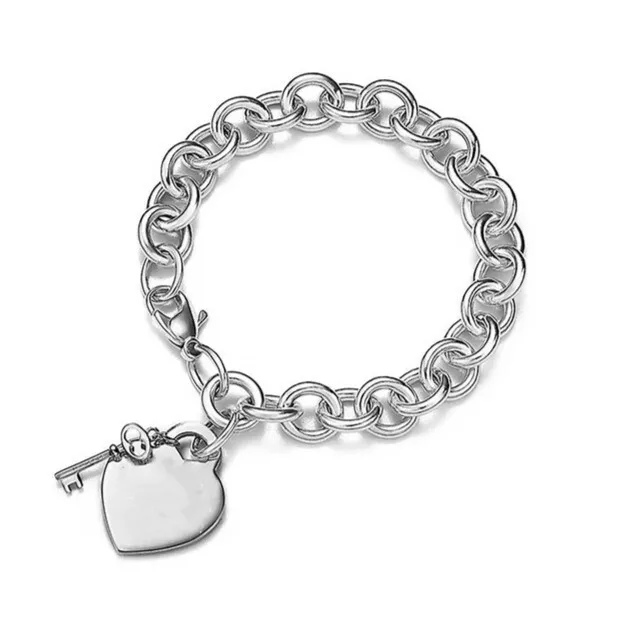 Bracciale Donna Silver Sterling  A Maglia Con Ciondolo  Cuore Chiave