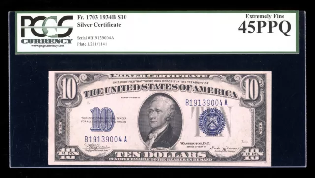 DBR 1934-B $10 Silver Vinson-signed Fr. 1703 PCGS 45 PPQ Serial B19139004A