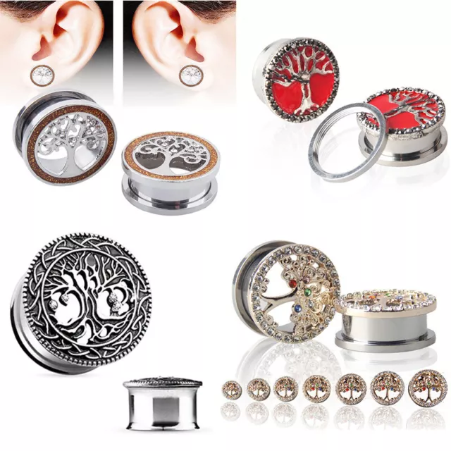 2X Steel Hollow Tree Of Life Screw Flesh Tunnel Flared Saddle Ear Plug Stretcher