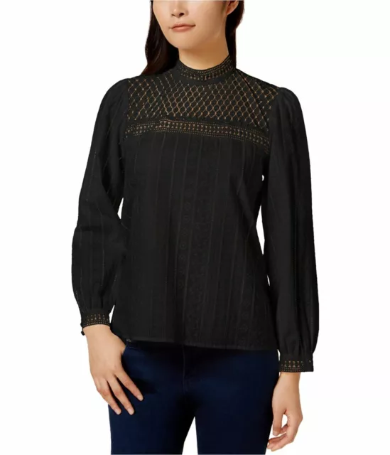 Kensie Womens Embroidered Knit Blouse Black Small NWT Long Sleeve