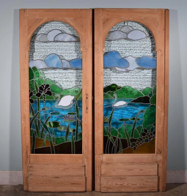 *Beautiful Pair of Pine Antique French Stained/Leaded Glass Doors with Swans 2