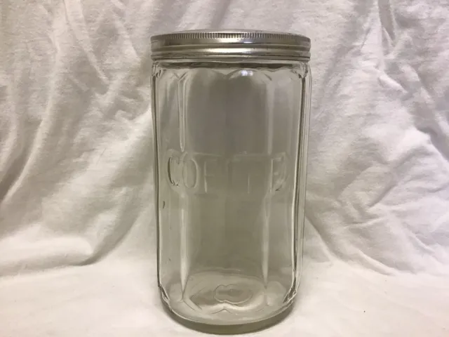 Vintage Hoosier Cabinet Ribbed Embossed Coffee Canister Clear Glass Jar with Lid