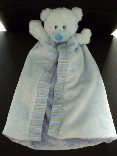 914 - DOUDOU PLAT MARIONNETTE OURS CAPE BLEU BLANC RAYE JAUNE ht 37cm ETAT NEUF*