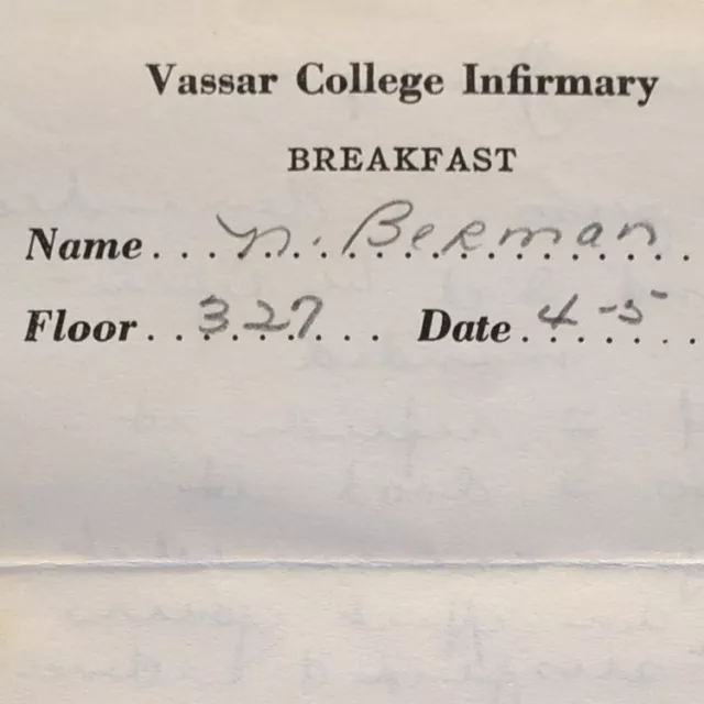 VINTAGE 1944 VASSAR College Infirmary Breakfast Menu Poughkeepsie New ...