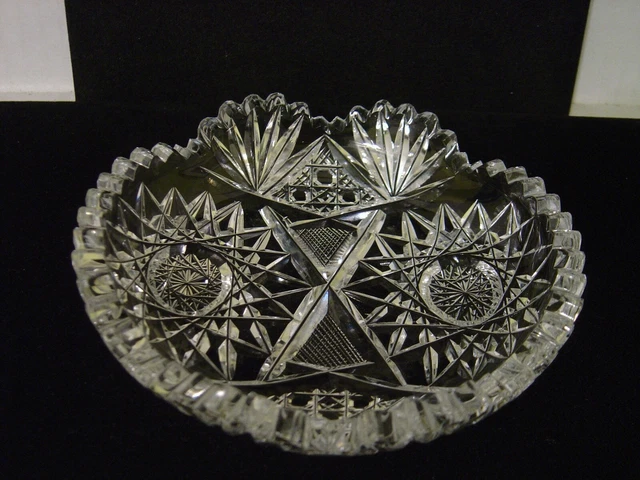 Vintage American Brilliant Small Round Cut Glass Bowl With Hobstars And Fans 5" 3