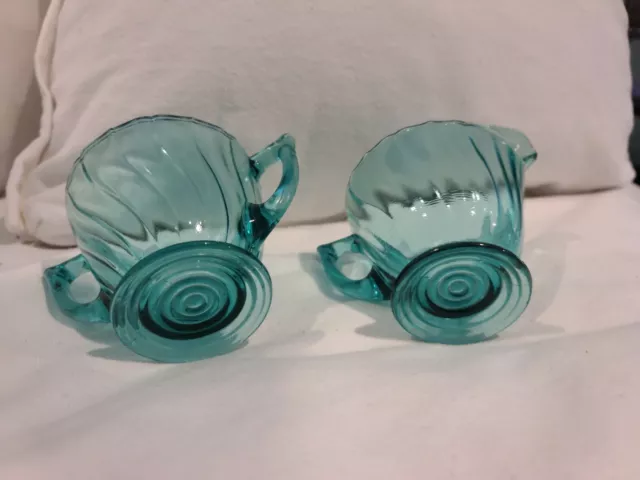 Vintage Pressed Glass Greenish Blue aqua creamer and sugar 2