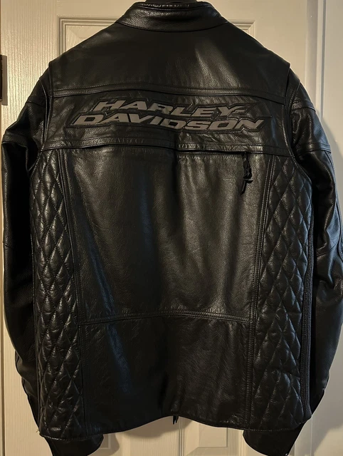 Harley-Davidson Mens Black Leather Full-Zip Motorcycle Riding Jacket Size L Tall