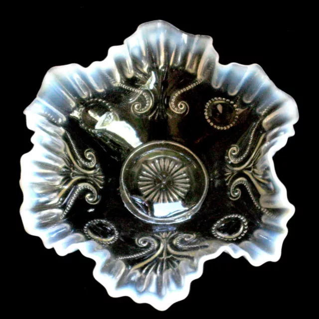 JEFFERSON white OPALESCENT glass JEWEL & FAN #125 SCALLOPED BOWL antique ~1902