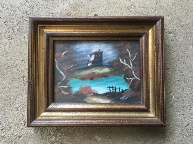 Tableau PEINTURE MINIATURE Signée PAYSAGE LA MAISON SUR LA COLLINE Cadre Doré