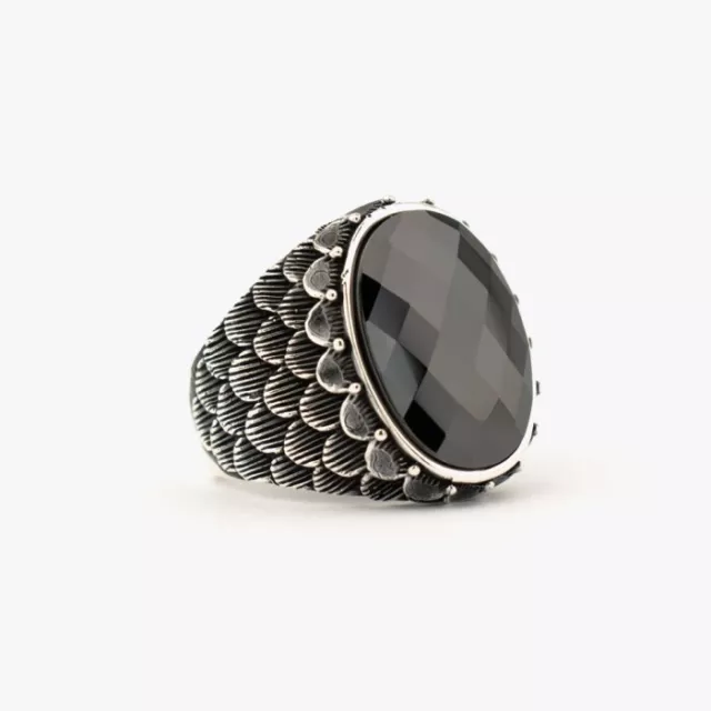 Véritable Onyx Noir Pierre Précieuse 925 Sterling Argent Bague pour Homme Bijoux