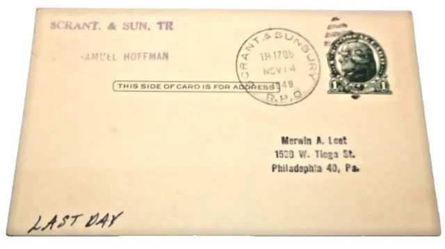 1949 Lackawanna Dl&W Train #1705 Scranton & Sunbury Rpo Handled Post Card