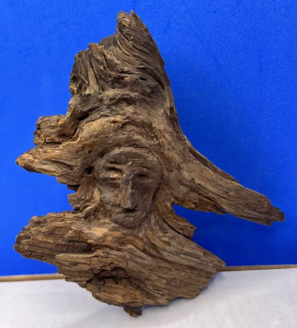 Hand Carved Driftwood 6” Wooden Mountain Man Face Wild West Western Folk Art