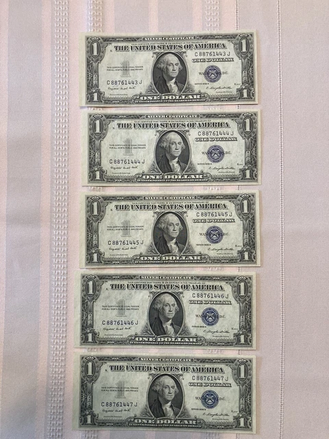 Lot of 5 Consecutive 1935-G 1935G 1 Silver Certificates - Crisp Unc. Notes 1950s