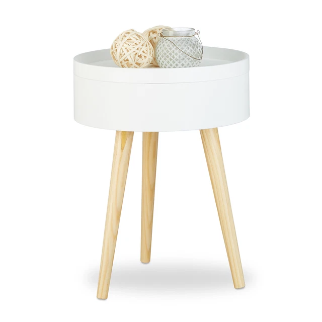 Mesa auxiliar redonda, Mesita noche blanca con bandeja y almacenaje, 50 x 38 cm