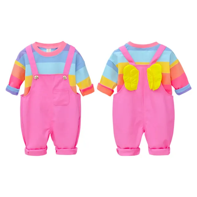 EY# 2pcs Baby Autumn Clothes Set Striped Kids Overall Pants (Pink 6-12M)