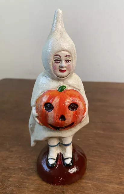 Cast Iron Retro Halloween Ghost Girl Holding Pumpkin Jack O Lantern Bank