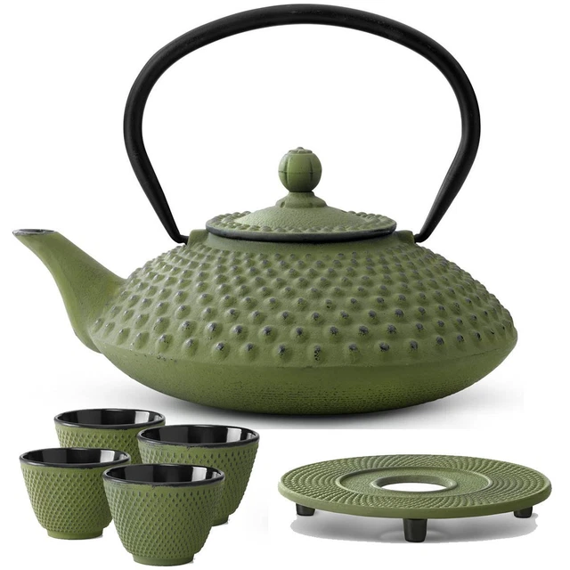 Asia Tee Set Teekanne Teesieb 4 Becher Stövchen Teeservice Gußeisen grün 1,25 L