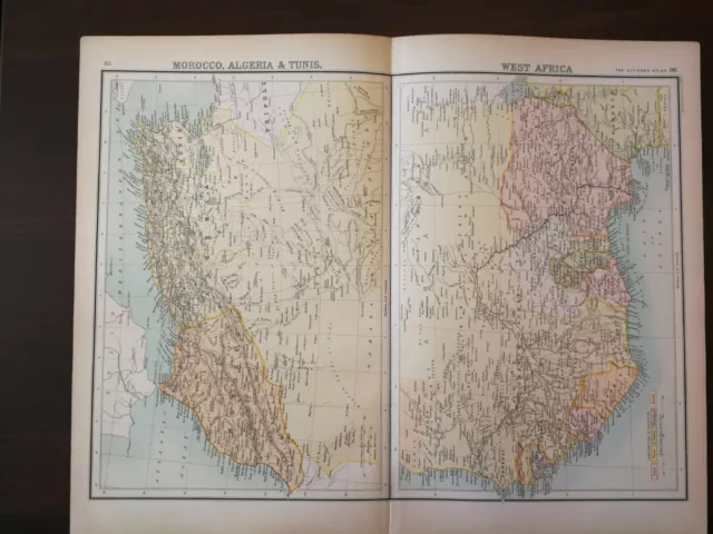 Antique Map-Bartholomew  Atlas -P. 85-86-Morocco,Algeria&Tunis ,West Africa-1898