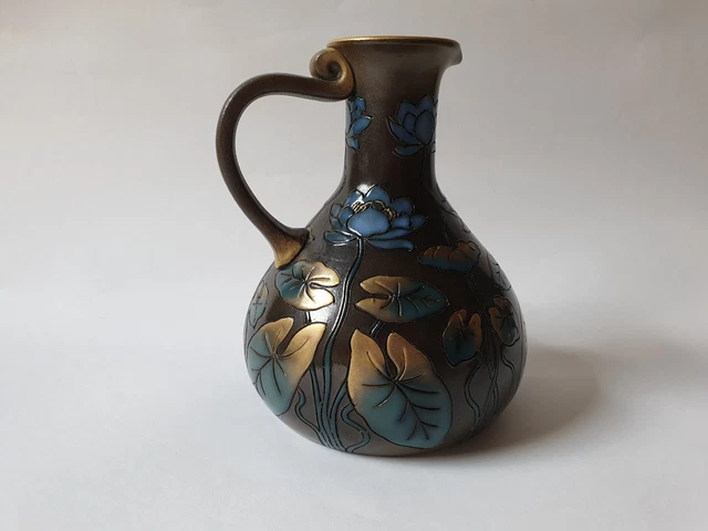 Sarreguemines 3213R, cruche grès 1952, nénuphars, lotus,